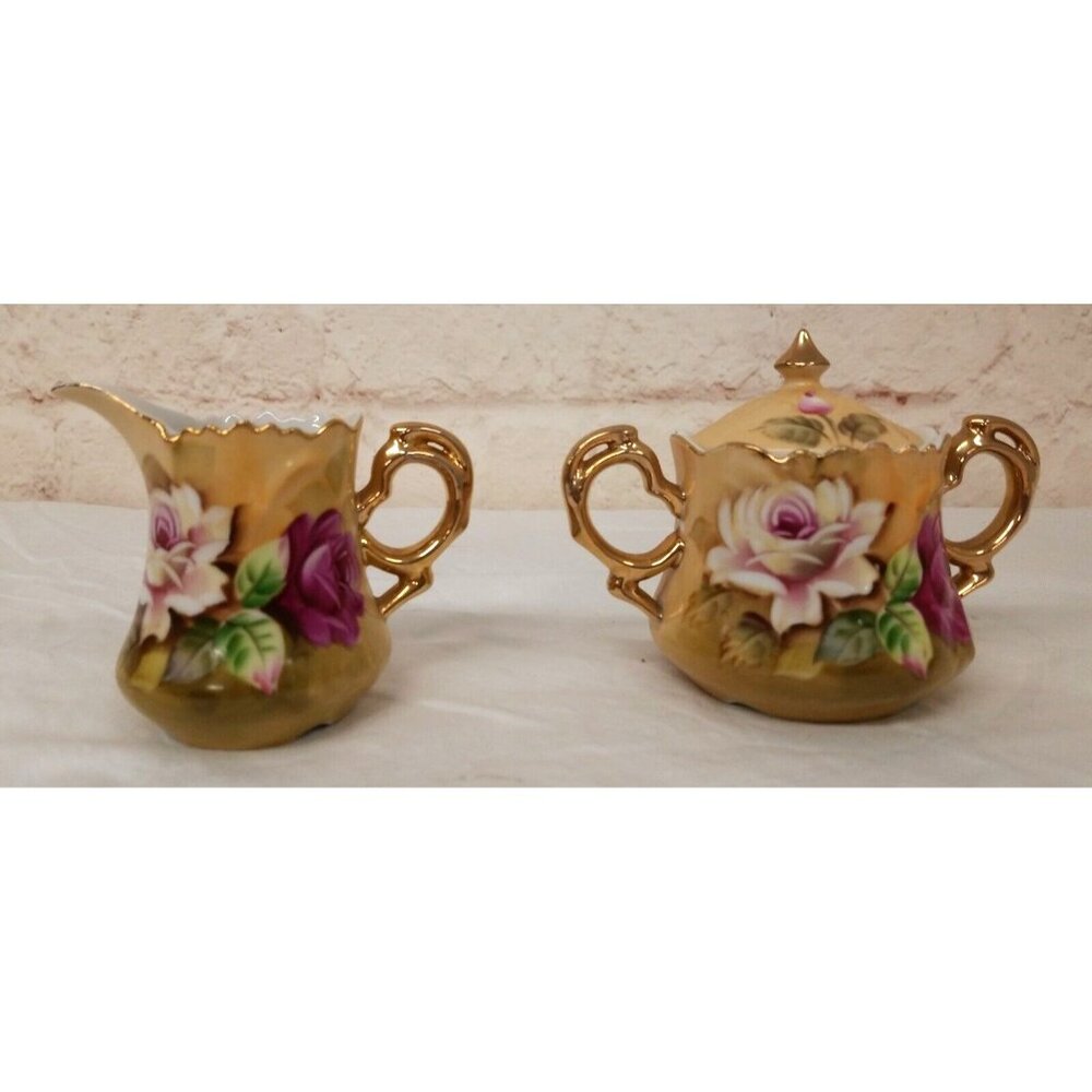 Vintage Lefton China Lidded Sugar Dish & Creamer Set #1867 Taupe Gold Rose
